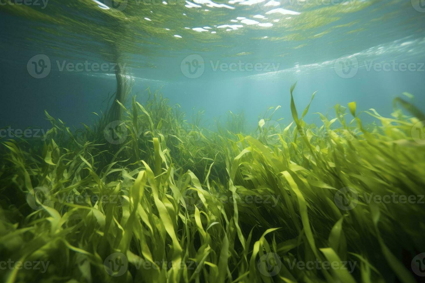 AI generated Underwater view of a group of seabed with green seagrass. AI Generated photo