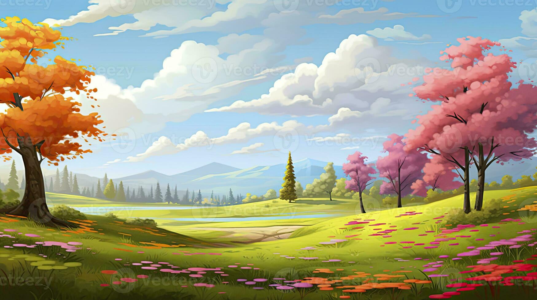 AI generated Spring season with colorful flowers and trees in a pretty meadow or field. AI Generated. photo