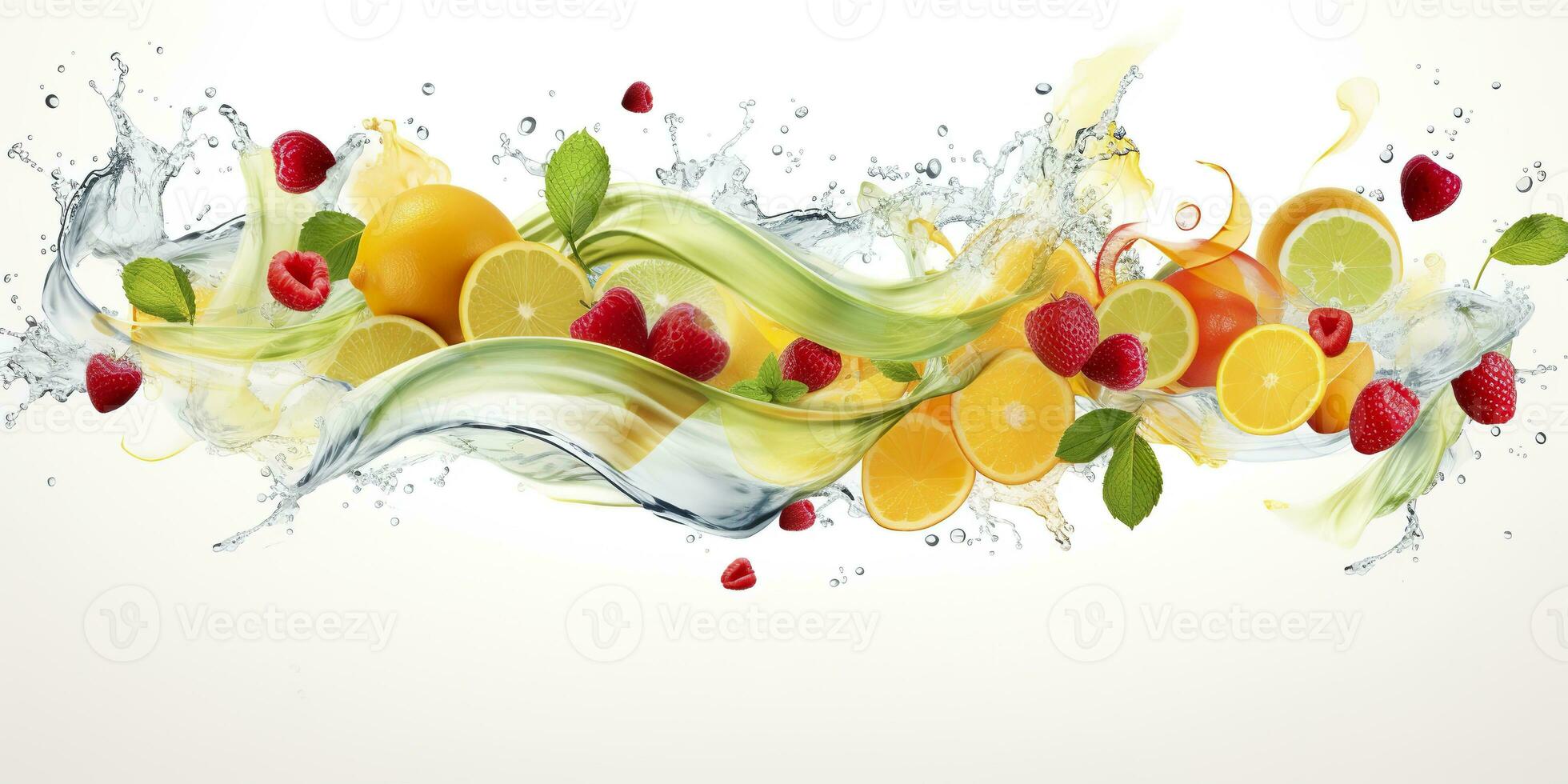 AI generated Swirl water splash with fruits. liquid flow with ice cubes and a mix of fresh fruits. Generative AI photo