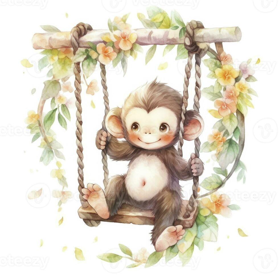 AI generated Cute happy baby monkey on swings on a tree in watercolor. AI Generated photo