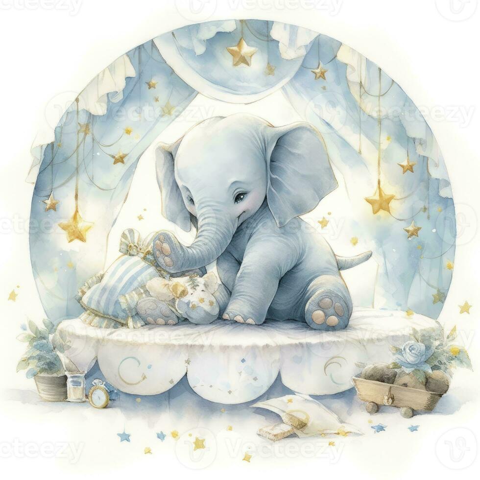 AI generated An elephant on a bed with stars and blankets around the circle. AI Generated photo