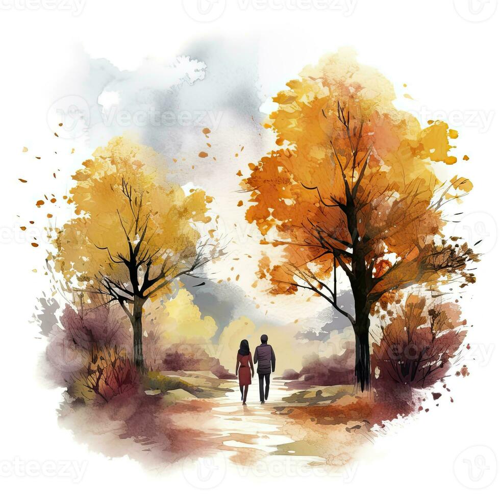 AI generated Watercolor autumn landscape with a couple walking. AI Generated photo