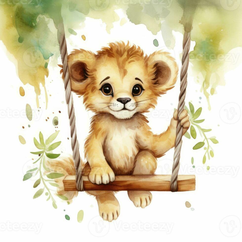 AI generated Cute happy baby lion on swings attached to the tree in watercolor style. AI Generated photo