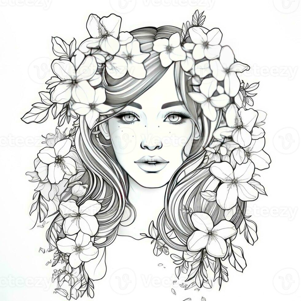 AI generated A girl on a coloring book page with Jasmine flowers. AI Generated photo