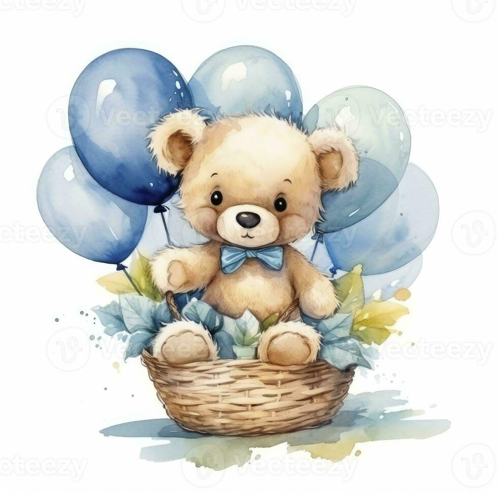 AI generated A watercolor baby teddy bear is sitting in the basket with blue and gold balloons. AI Generated photo