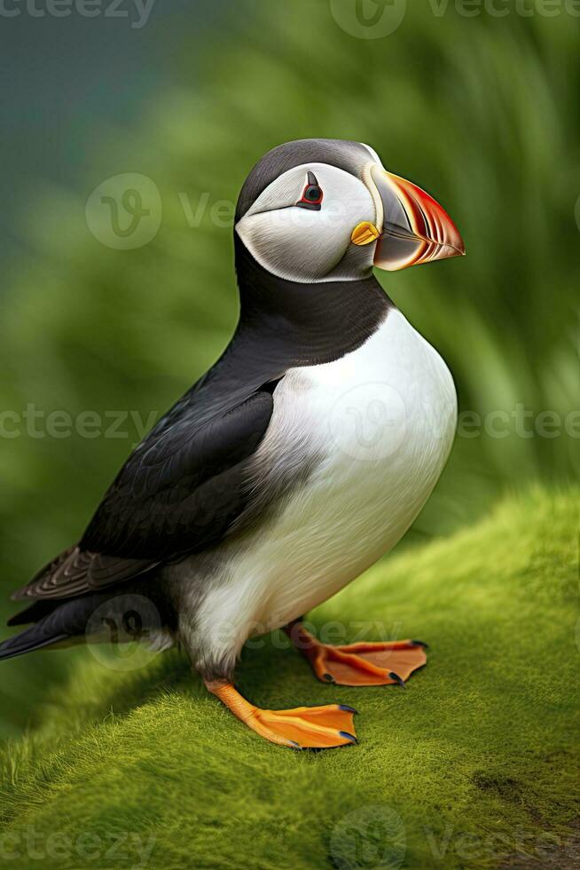 AI generated Puffin bird on a green grass patch. AI Generated photo