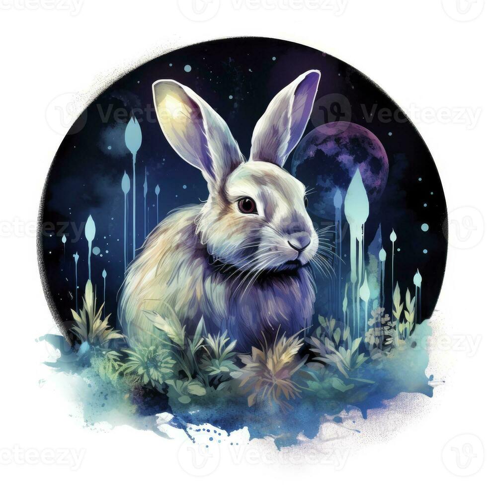 AI generated Watercolor Rabbit and Glowing Moon for T-shirt Design. AI Generated photo