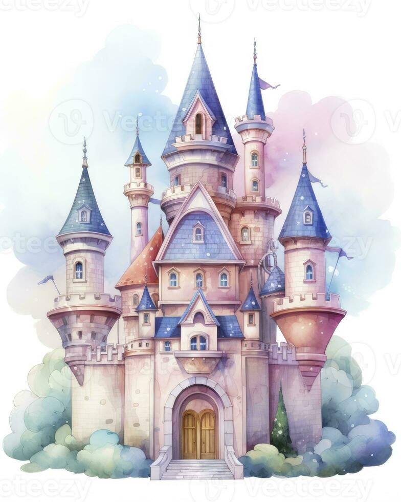 AI generated Colorful watercolor kawaii castle isolated on white background. AI Generated photo