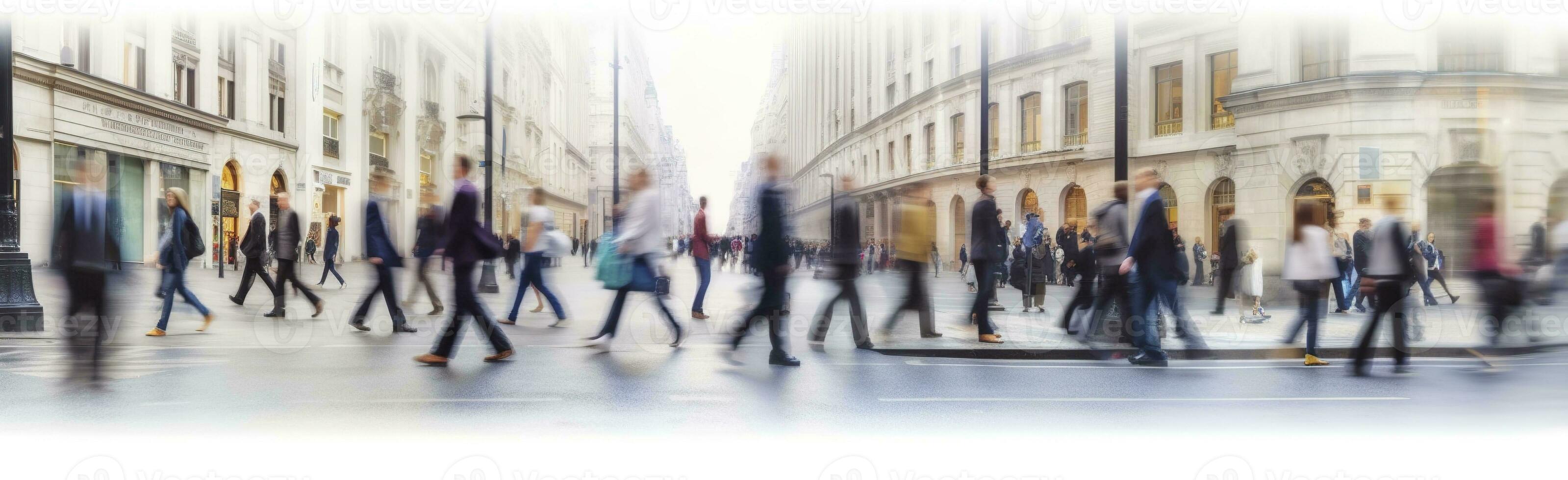 AI generated Walking people blur. Lots of people walk in the City of London. Wide panoramic view of people crossing the road. AI Generated photo