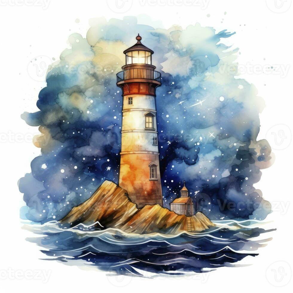 AI generated Lighthouse beside the sea at Night. watercolor for T-shirt design. AI Generated photo