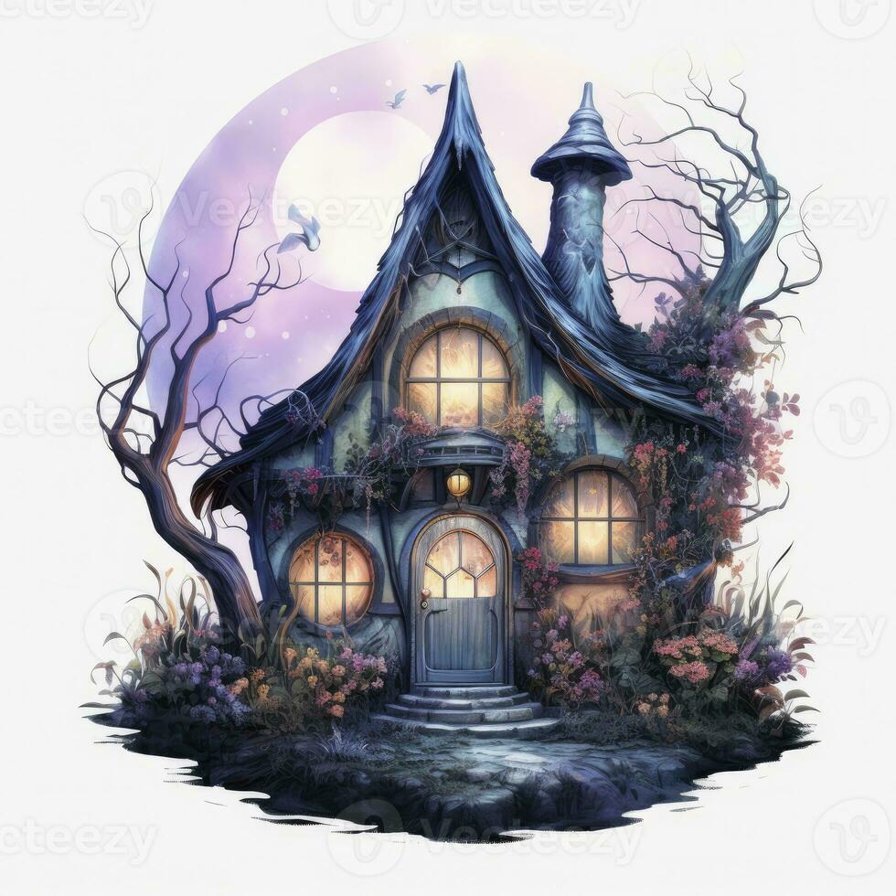 AI generated Moonlight dark themed night elf fairytale fantasy fairy house. AI Generated photo