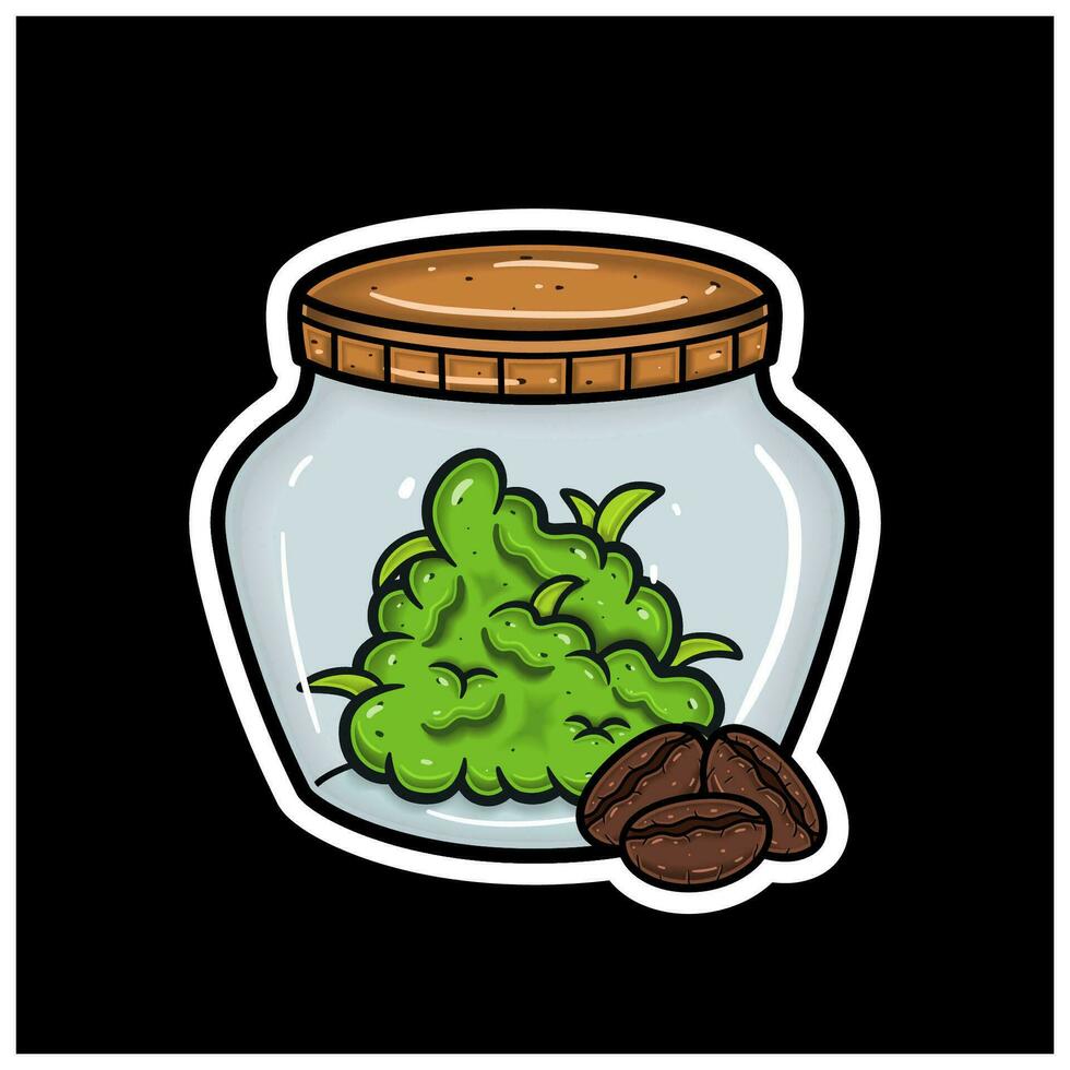 Coffee Flavor With Cartoon Mascot of Weed Bud On Jar. For Sticker and label. vector