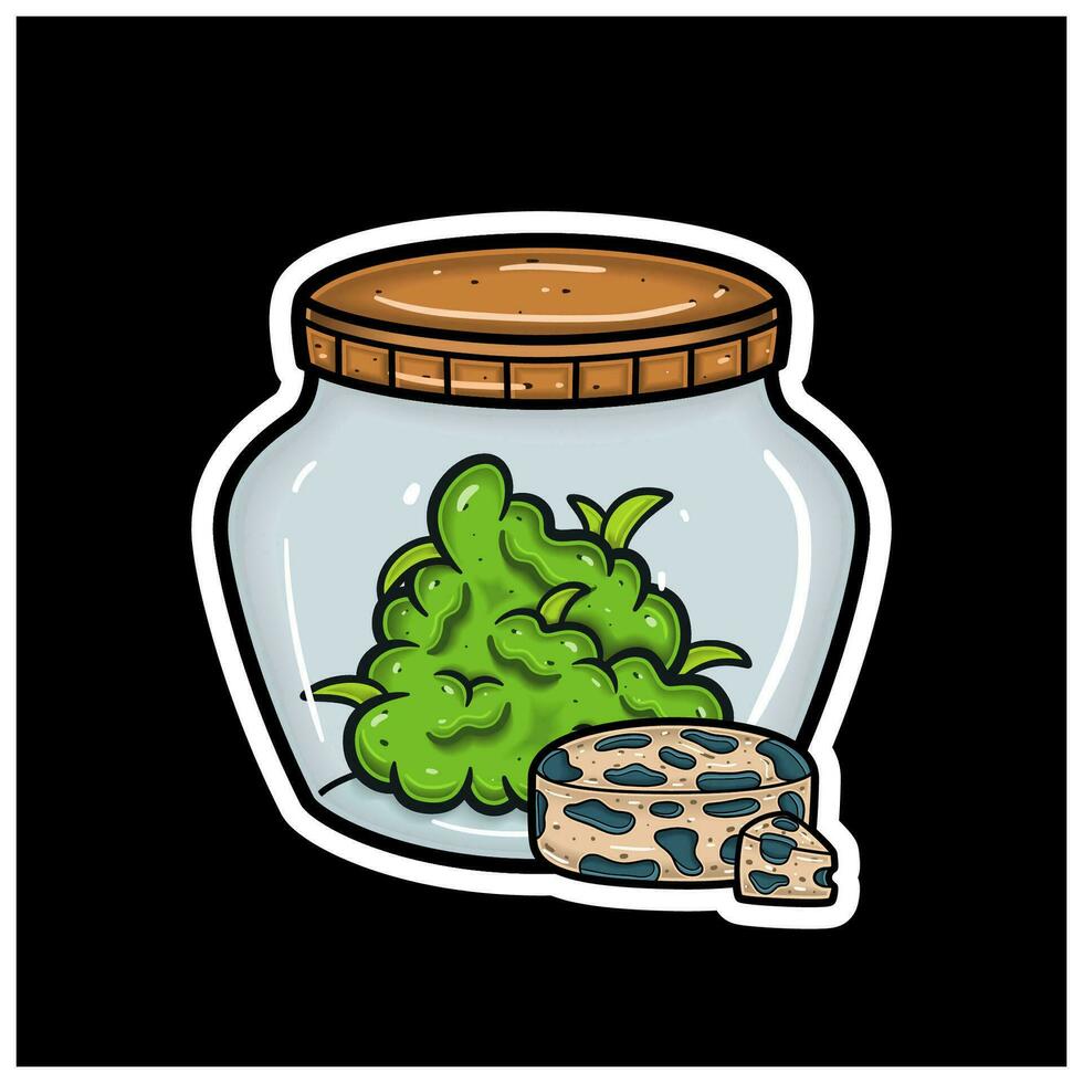 Blue Cheese Fruit Flavor With Cartoon Mascot of Weed Bud On Jar. For Sticker and label. vector
