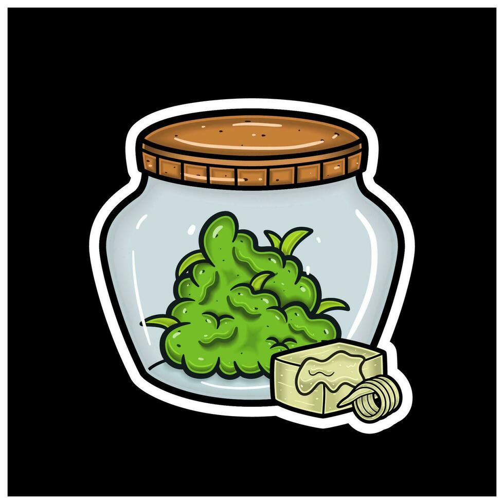 Butter Flavor With Cartoon Mascot of Weed Bud On Jar. For Sticker and label. vector