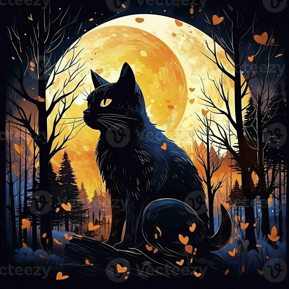 AI generated Black Cat in Moonlit Forest. Watercolor for T-shirt design. AI Generated photo