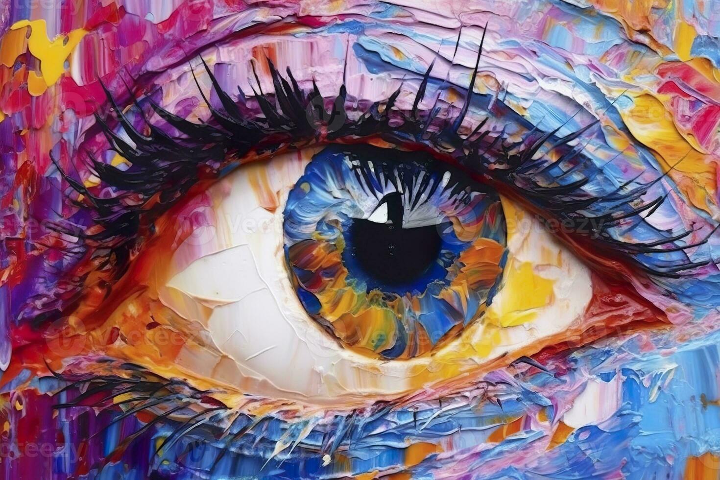 AI generated Fluorite oil painting. Conceptual abstract picture of the eye. Oil painting in colorful colors. Conceptual abstract closeup of an oil painting and palette knife on canvas. AI Generative photo