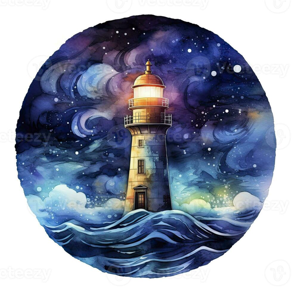 AI generated Lighthouse beside the sea at Night. watercolor for T-shirt design. AI Generated photo