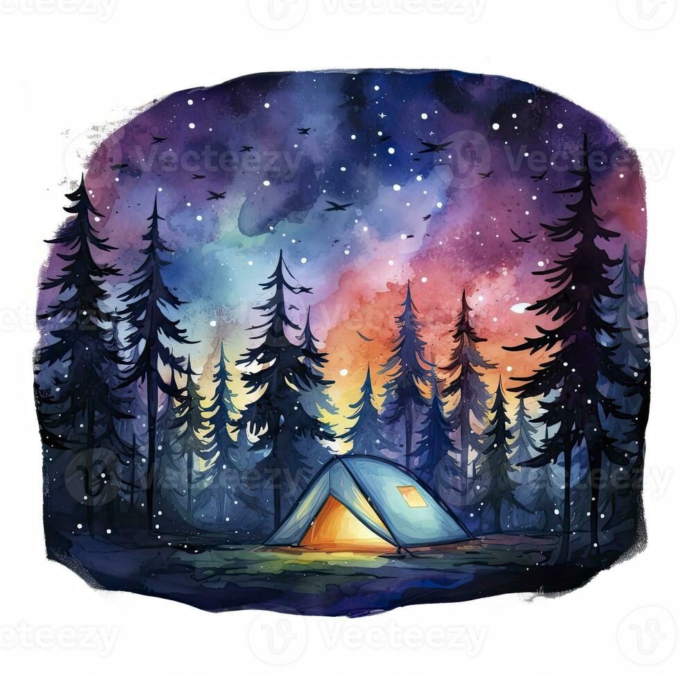 AI generated A Camping Tent in the forest with Night sky, watercolor for T-shirt Design. AI Generated photo