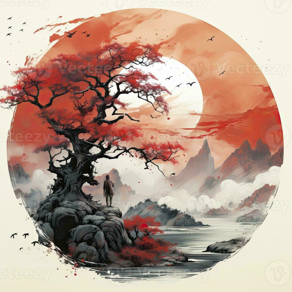 AI generated Chinese ink painting. T-shirt Design. AI Generated photo