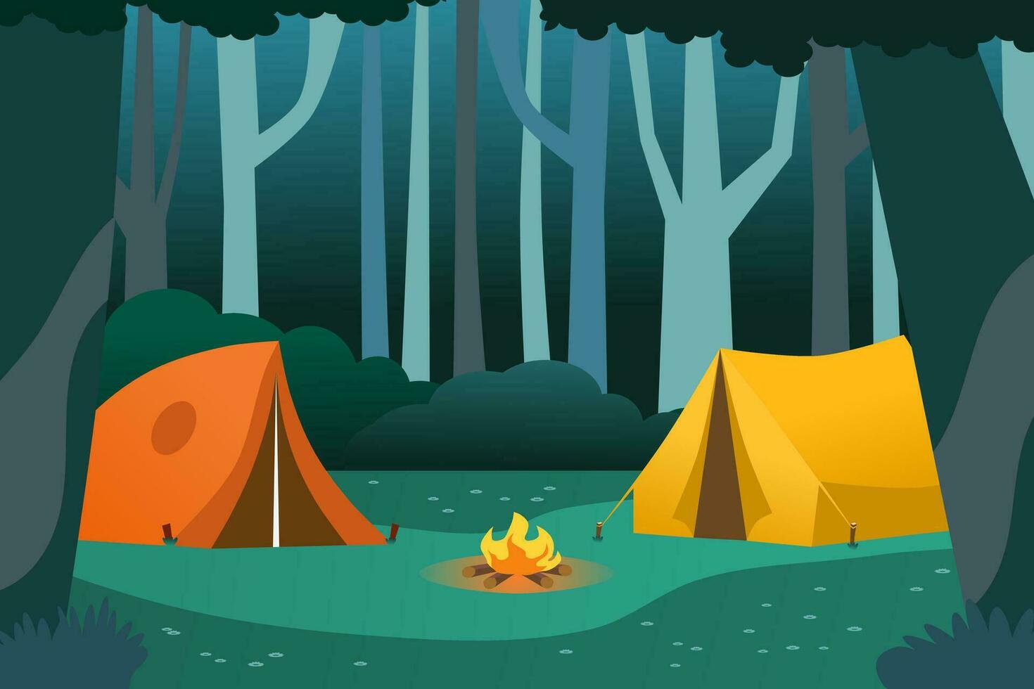 bosque acampar en el noche con tienda y hoguera. aventuras y viaje concepto. vector ilustración.