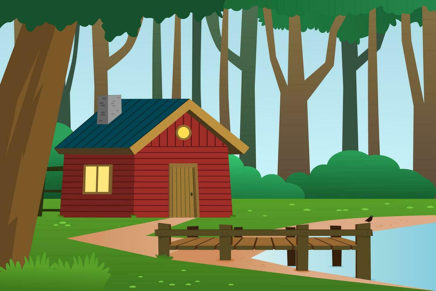 Red wooden house in the forest with river or lake. Forest landscape with cabin vector illustration. Countryside.