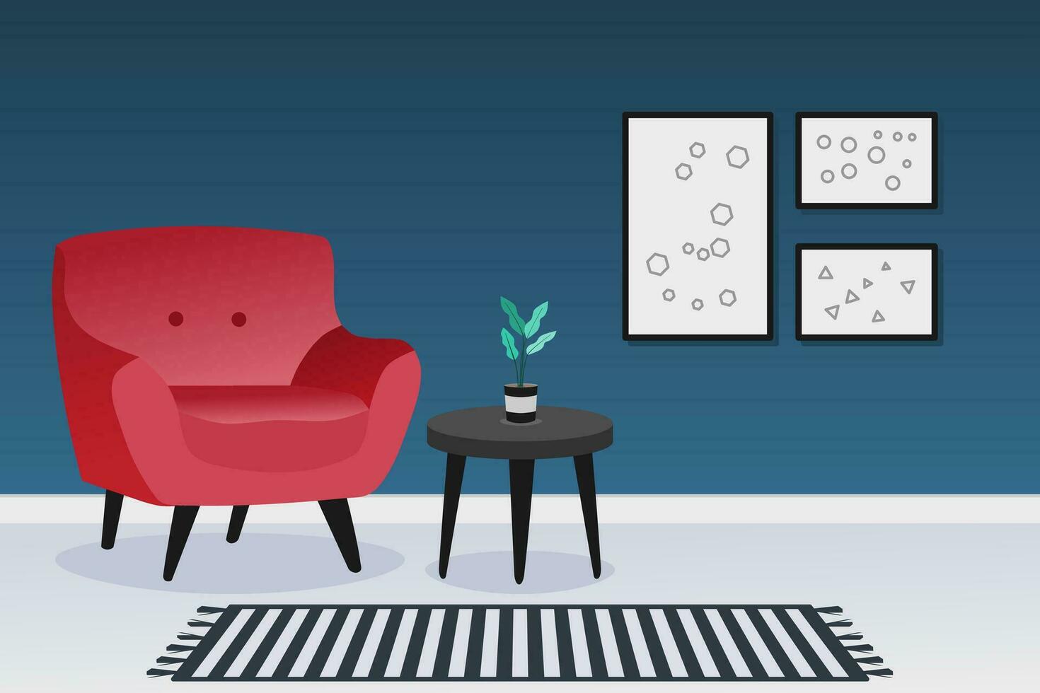 Interior design of a living room with red sofa and dark blue wall. Home interior. Vector illustration.