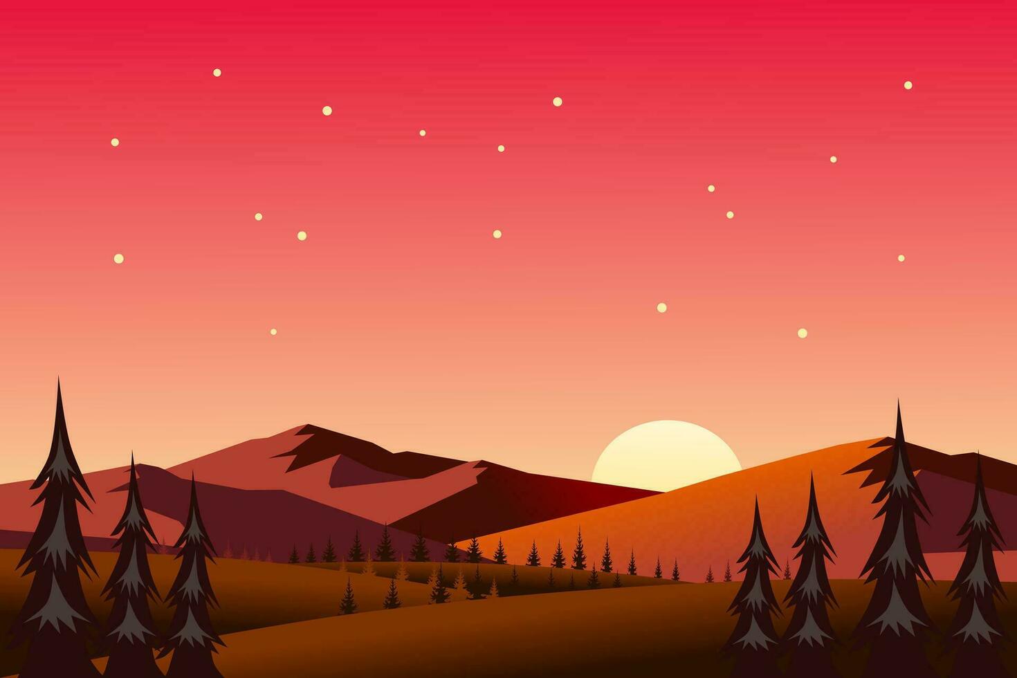 Sunset scene in nature with mountains and trees. Beautiful landscape of mountains and wild forest. Vector illustration.