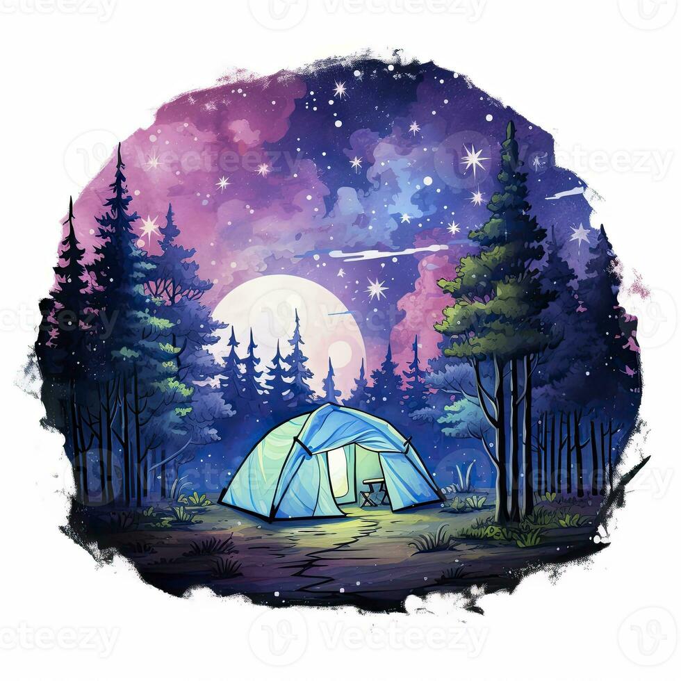 AI generated A Camping Tent in the forest with Night sky, watercolor for T-shirt Design. AI Generated photo