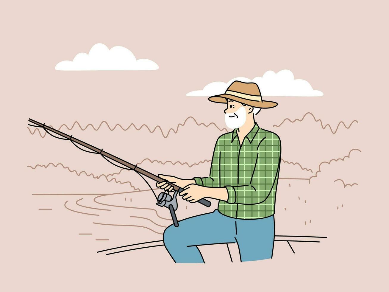 Elderly fisherman fishes, standing on boat or on dock near lake and feels full of energy after retirement. Old man fisherman with fishing rod in hands enjoying favorite hobby and good summer weather vector