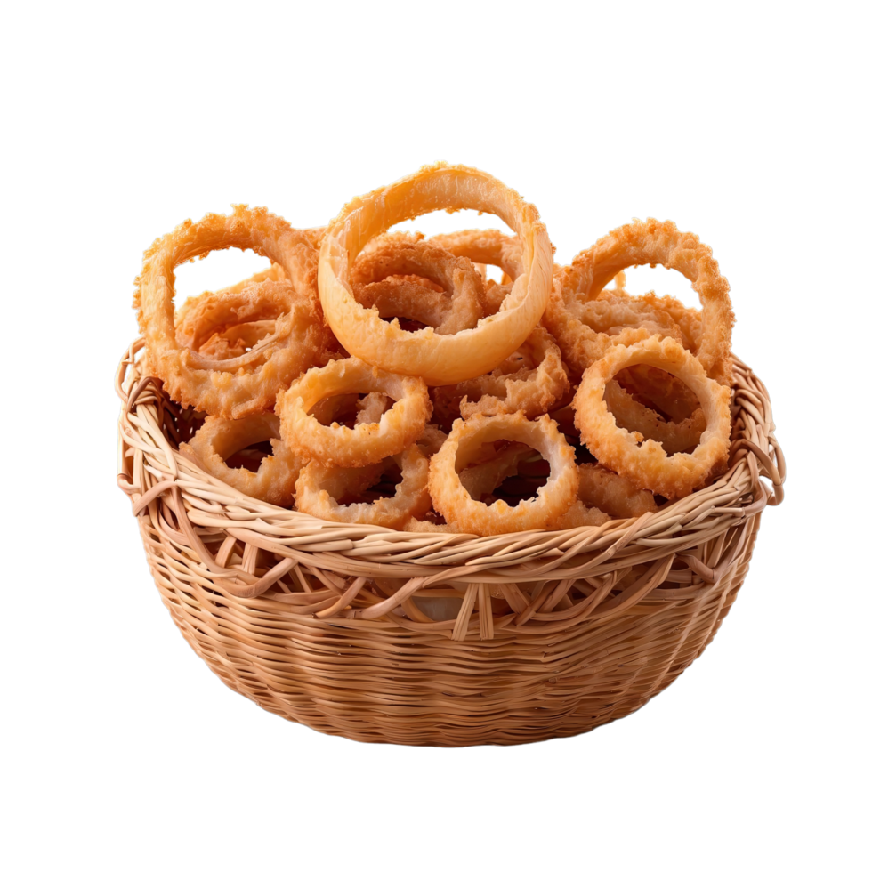 AI generated basket with fried onion rings isolated on transparent background png