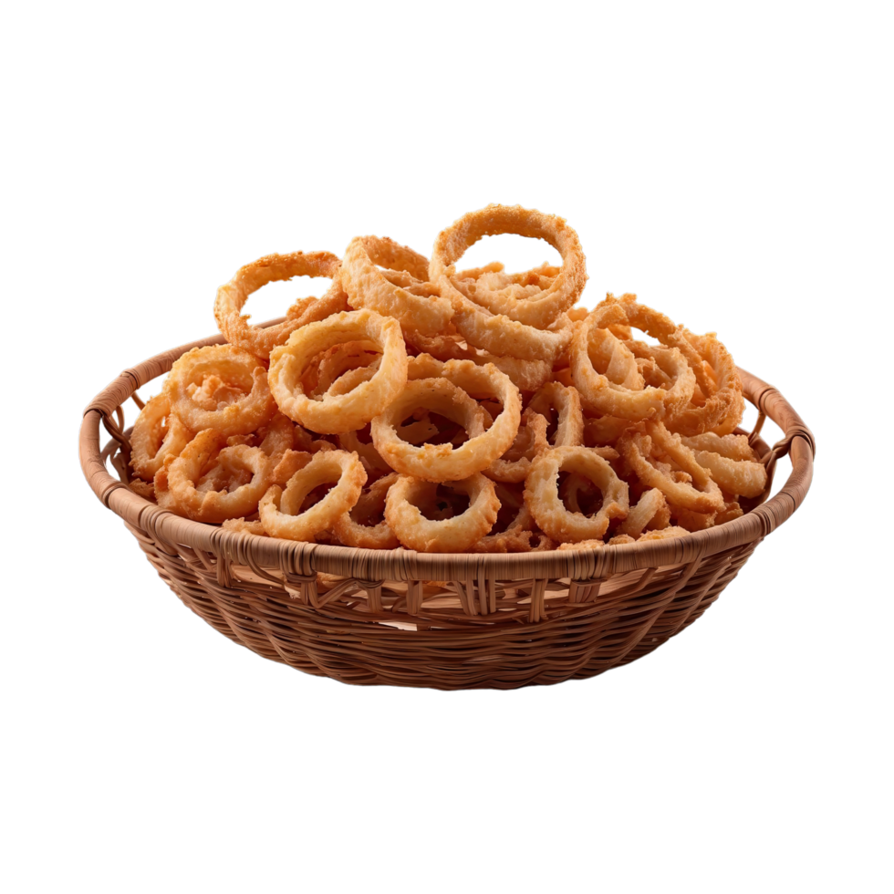 AI generated basket with fried onion rings isolated on transparent background png
