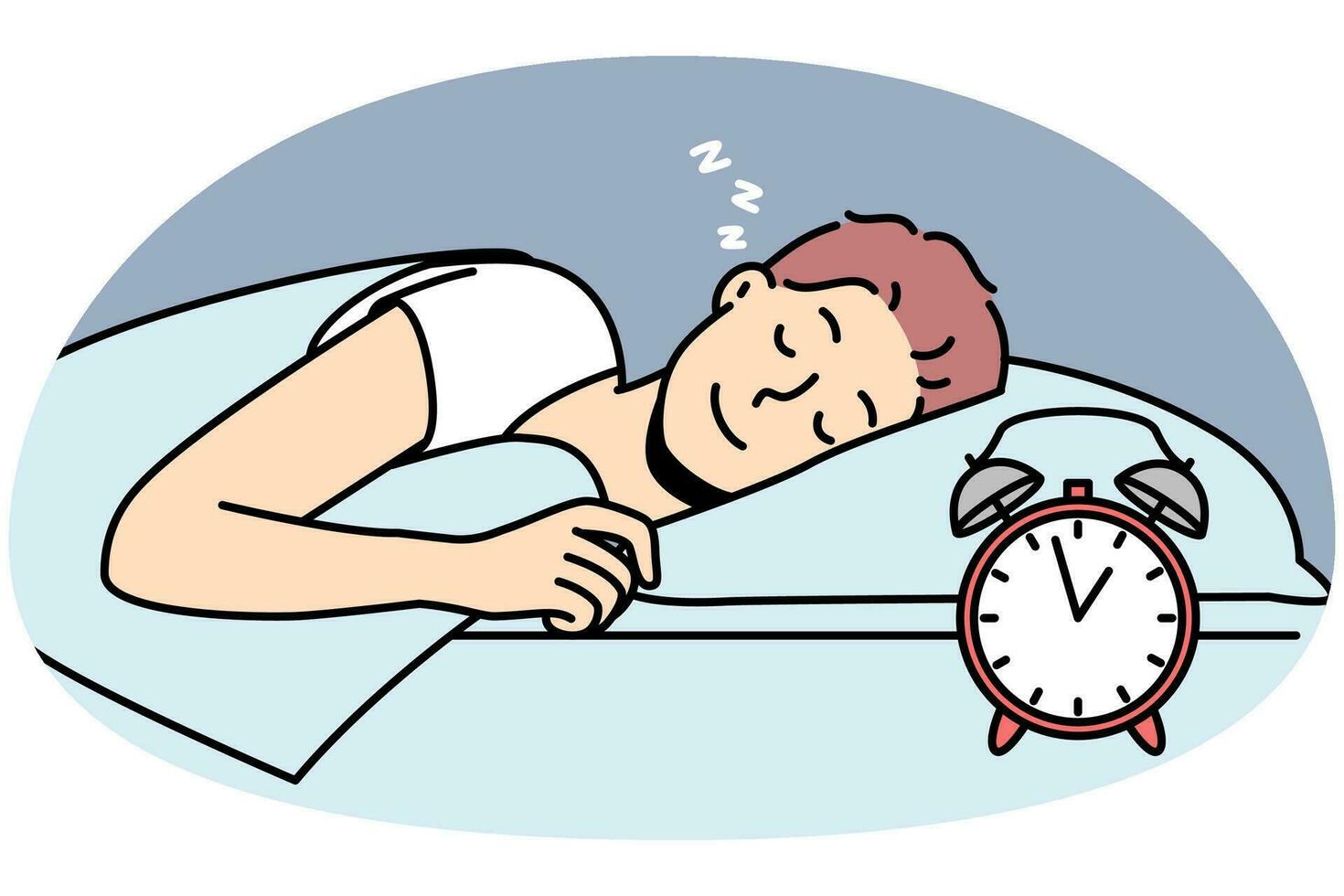 chico feliz acostado en la cama durmiendo pacíficamente. sonriente tranquilo joven relajarse siesta en el dormitorio. relajación y soñar despierto. ilustración vectorial vector