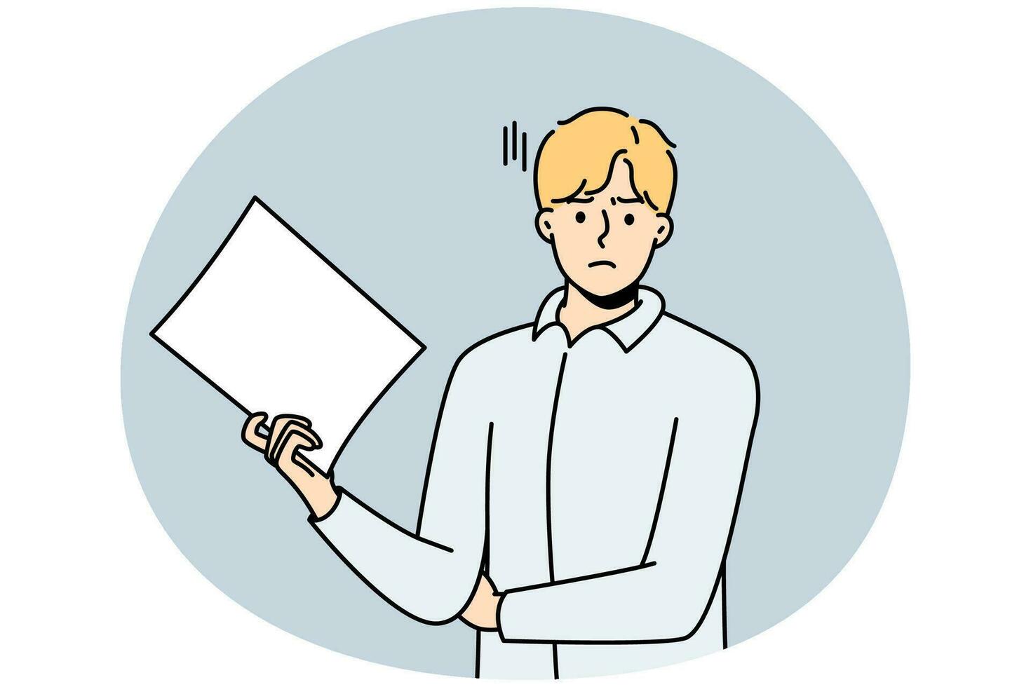 Unhappy young man stand with white paper document. Dissatisfied businessman with paperwork in hands frustrated with results. Vector illustration.
