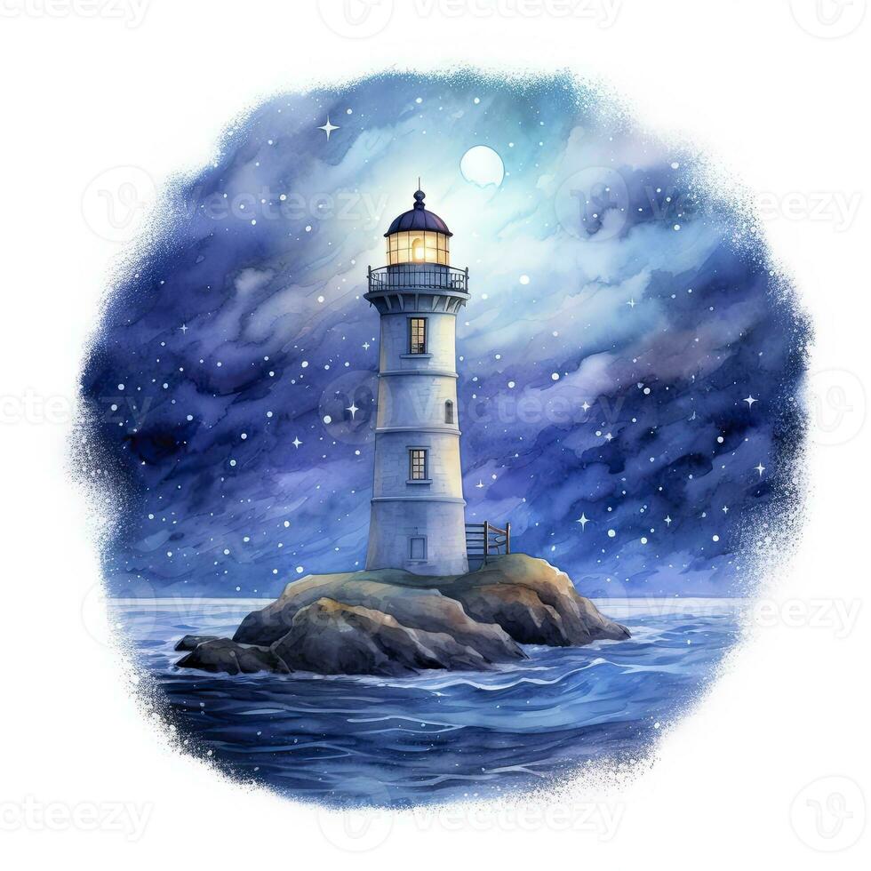 AI generated Lighthouse beside the sea at Night. watercolor for T-shirt design. AI Generated photo