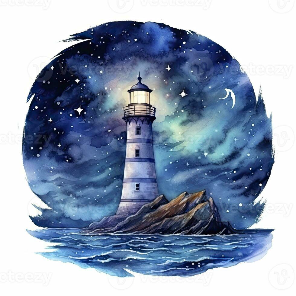 AI generated Lighthouse beside the sea at Night. watercolor for T-shirt design. AI Generated photo