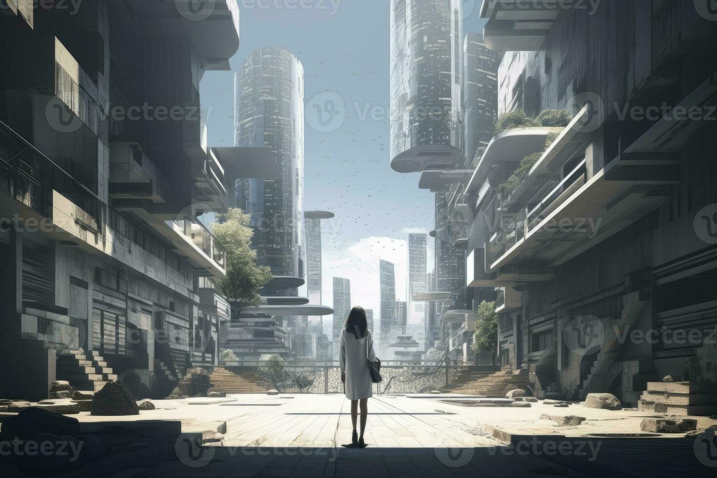 AI generated Woman walking in futuristic brutalist city street.  AI Generated. photo