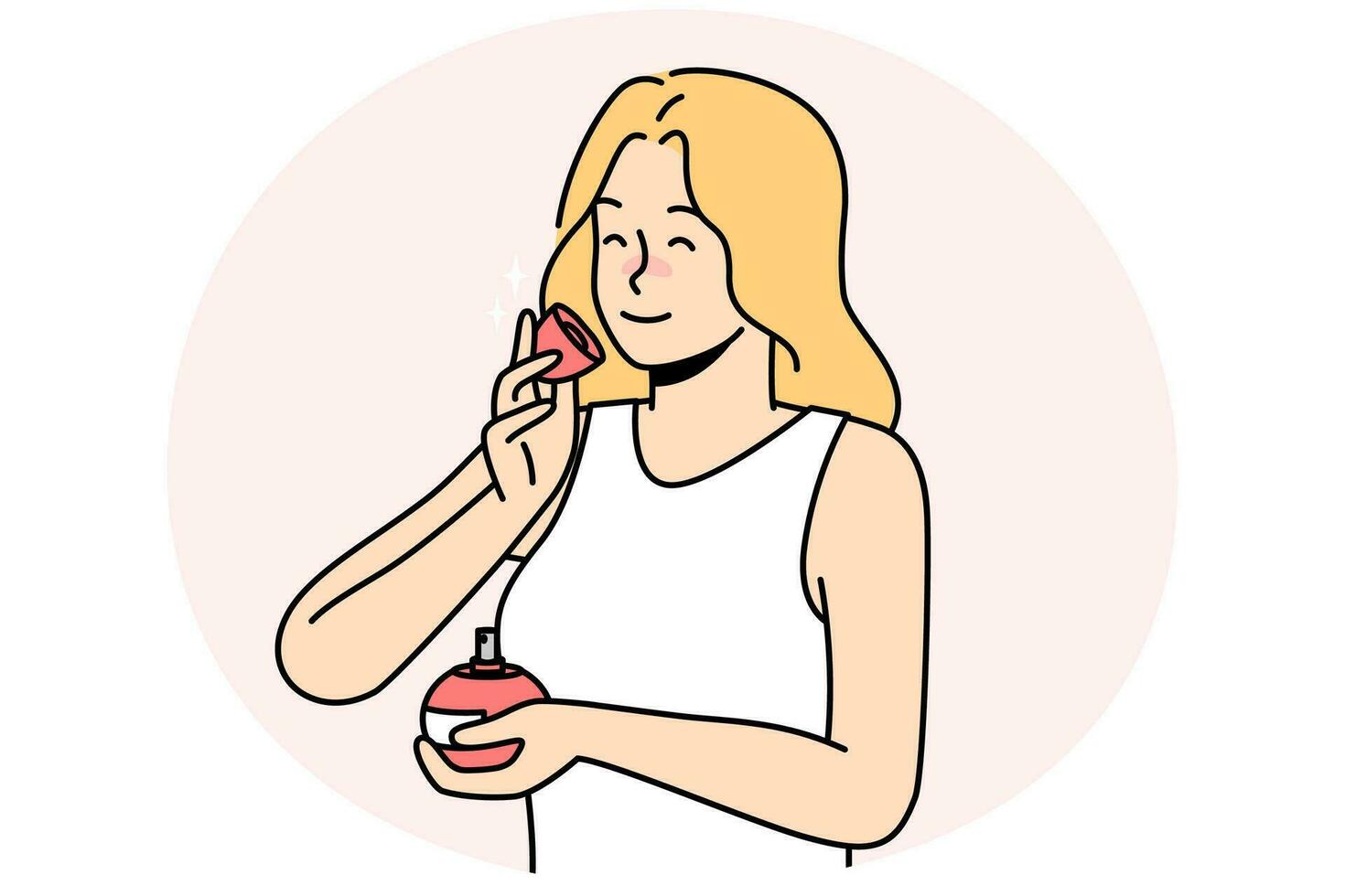 mujer joven sonriente oliendo perfume. chica feliz con botella disfruta de buen olor. concepto de aromaterapia y belleza. ilustración vectorial vector