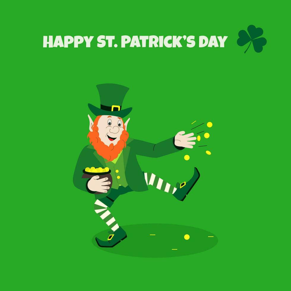 Happy St. Patrick's Day greeting card with a gnome throwing coins. Vector illustration