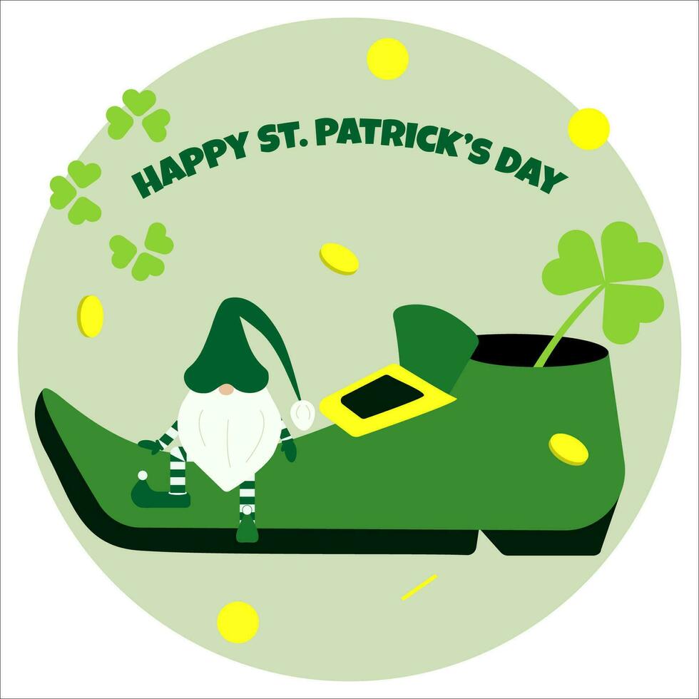 A sitting gnome on a shoe. Vector illustration of a greeting card for St. Patrick's Day.