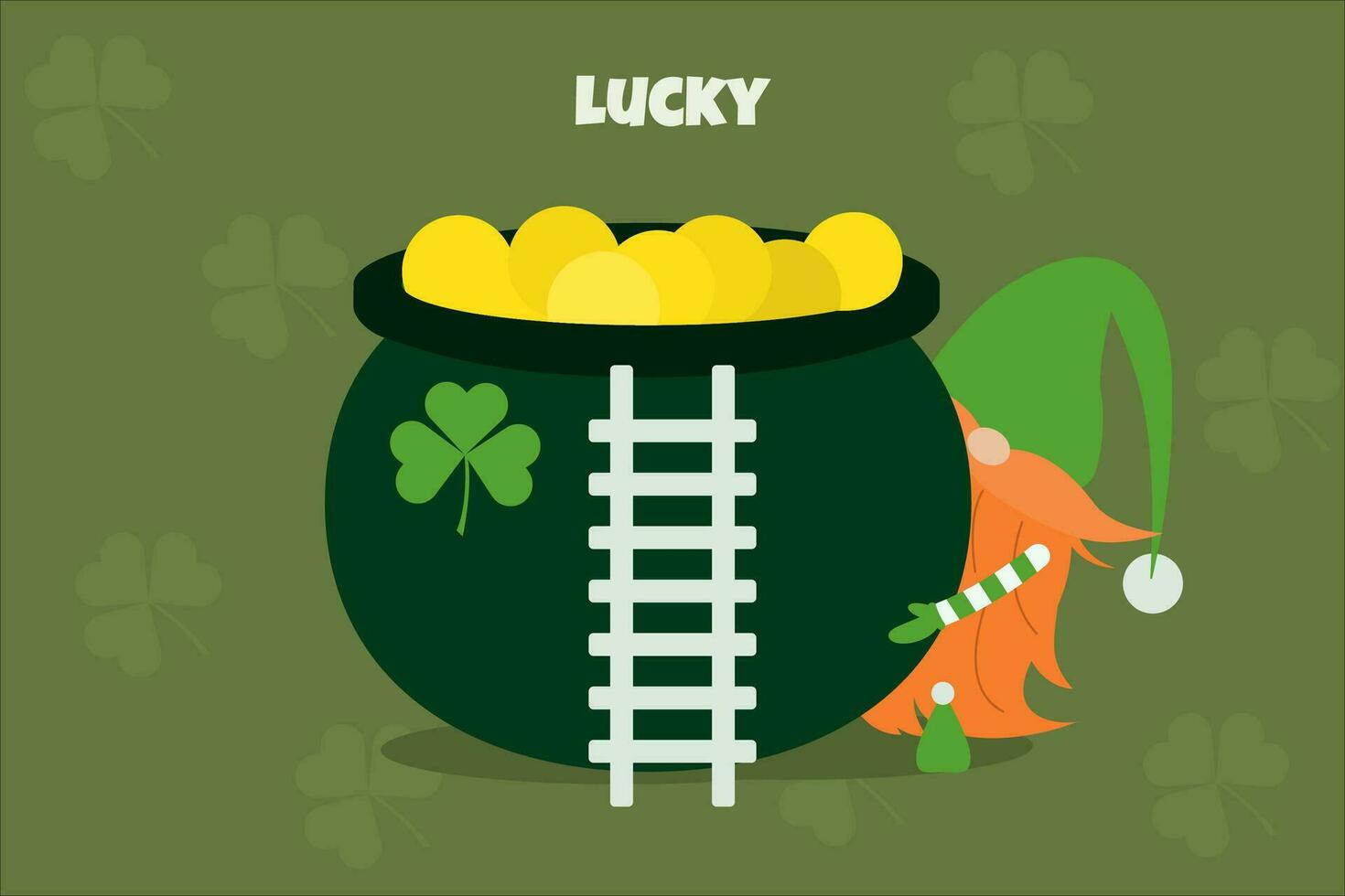 Cauldron of gold coins with leprechaun. Greeting card vector