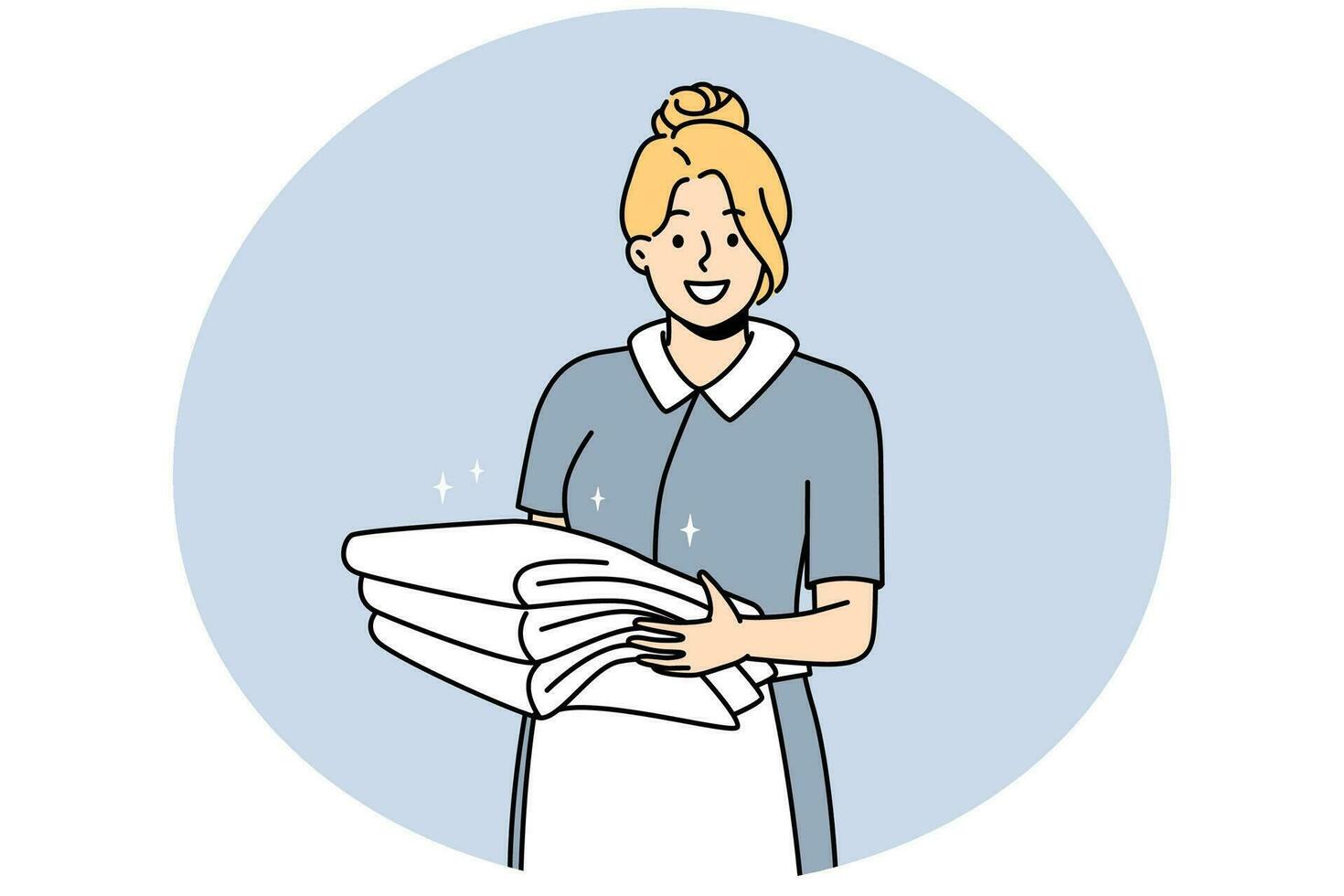 Smiling housekeeper in uniform holding stack of towels. Happy female housemaid or janitor working in hotel. Housekeeping concept. Vector illustration.