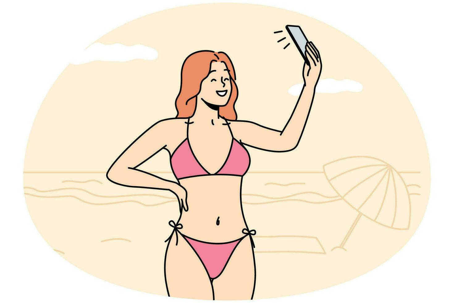 Smiling sexy young woman in bikini make self-portrait picture on cellphone on beach. Happy girl in swimsuit take selfie on smartphone on shore. Vector illustration.