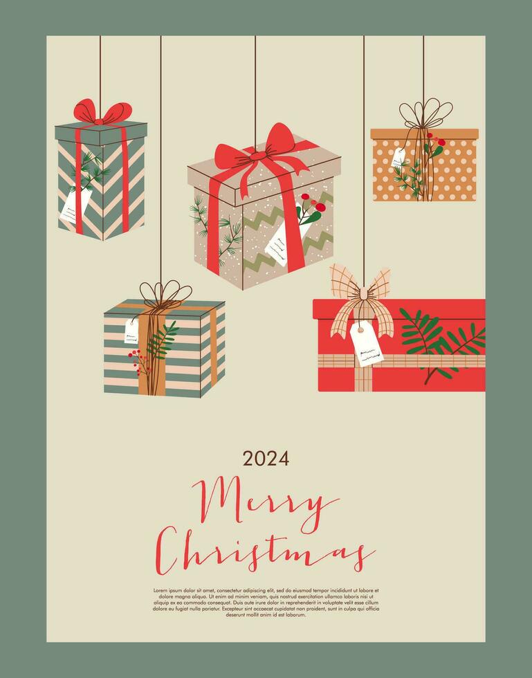 Merry Christmas greeting card with gift boxes. Hand Drawn Doodle present boxes. Vector illustration. Design for poster, party invitation, brochure or flyer template with holiday presents.