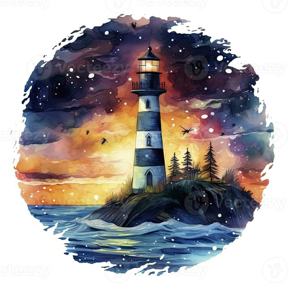 AI generated Lighthouse beside the sea at Night. watercolor for T-shirt design. AI Generated photo