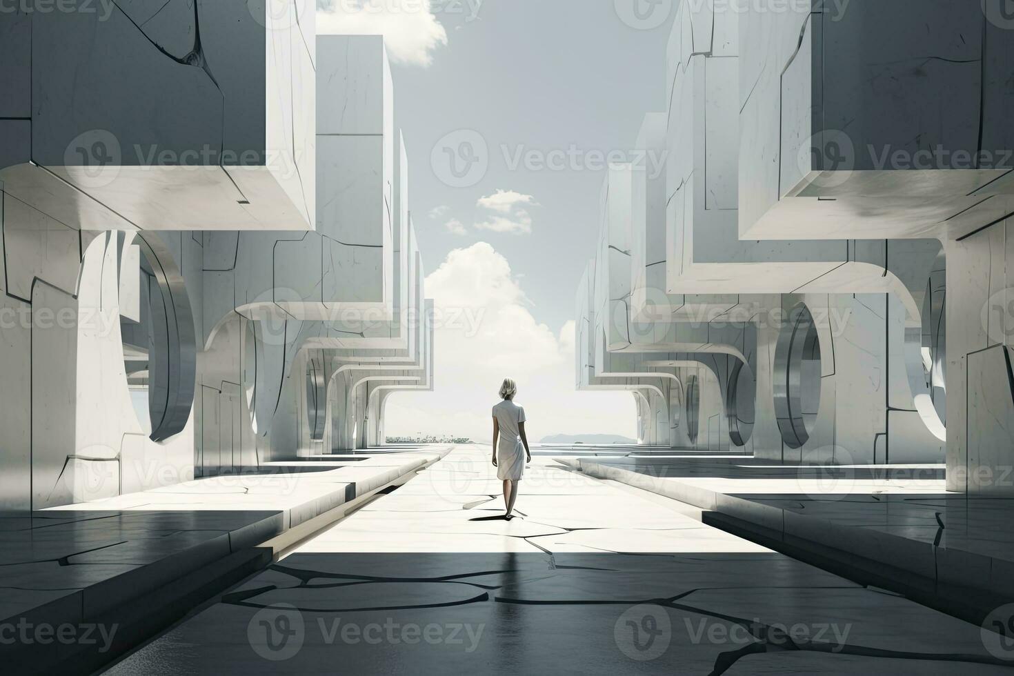 AI generated Woman walking in futuristic brutalist city street.  AI Generated. photo