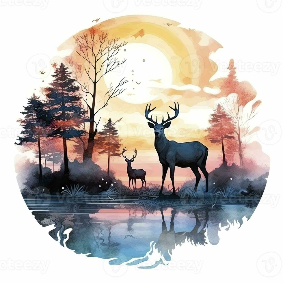 AI generated Colorful Deers in Forest. T-shirt design. AI Generated photo