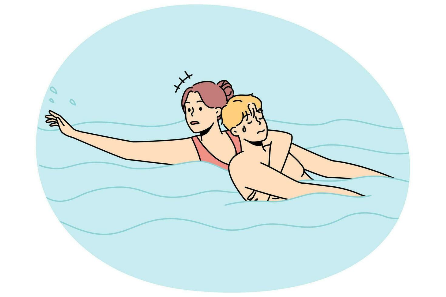 Woman saving man drowning in water. Lifeguard help guy going under in swimming pool. Emergency and rescue. Vector illustration.