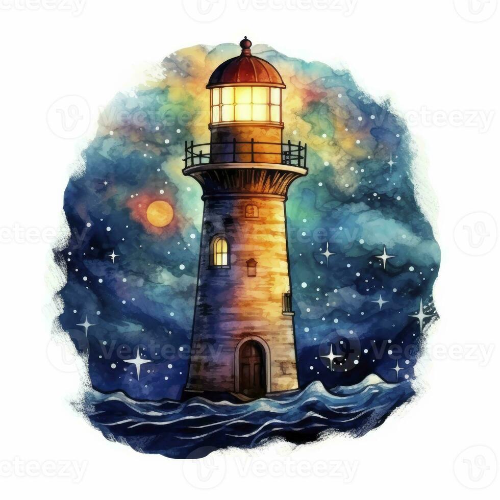 AI generated Lighthouse beside the sea at Night. watercolor for T-shirt design. AI Generated photo