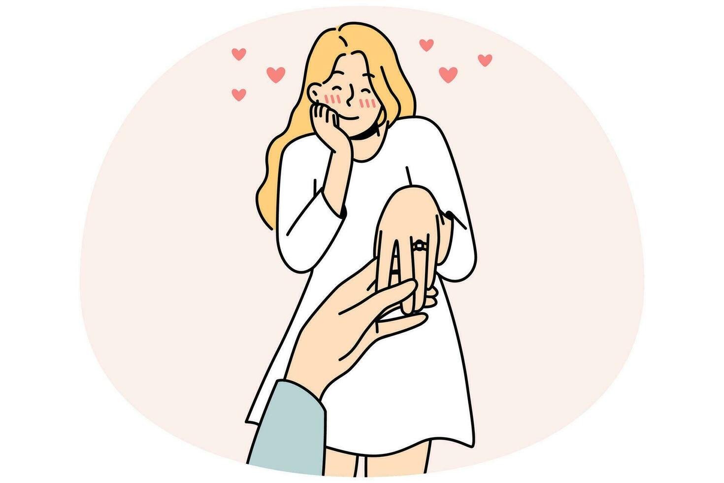 mujer joven feliz con anillo en el dedo está comprometida. el hombre que sostiene la mano de una amante hace una propuesta de matrimonio. amor y relación. ilustración vectorial vector