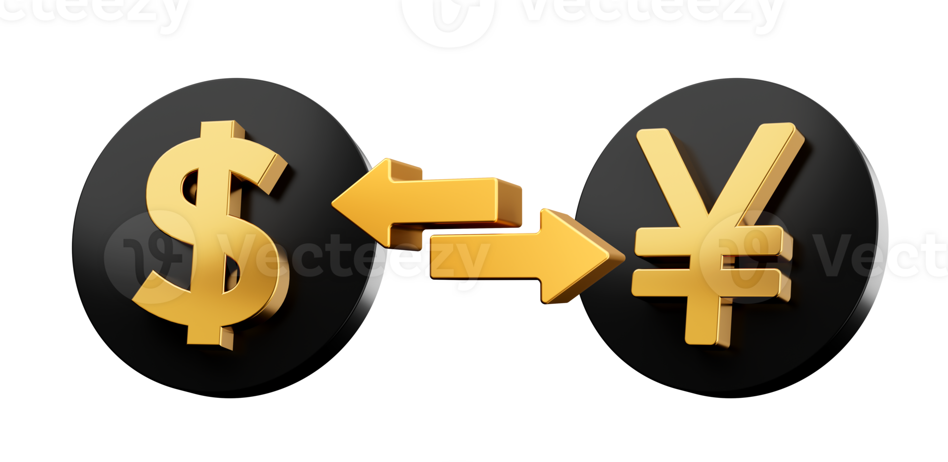 US Dollar and Japanese Yen symbols over black icon with two arrows. 3d illustration of exchange rate png